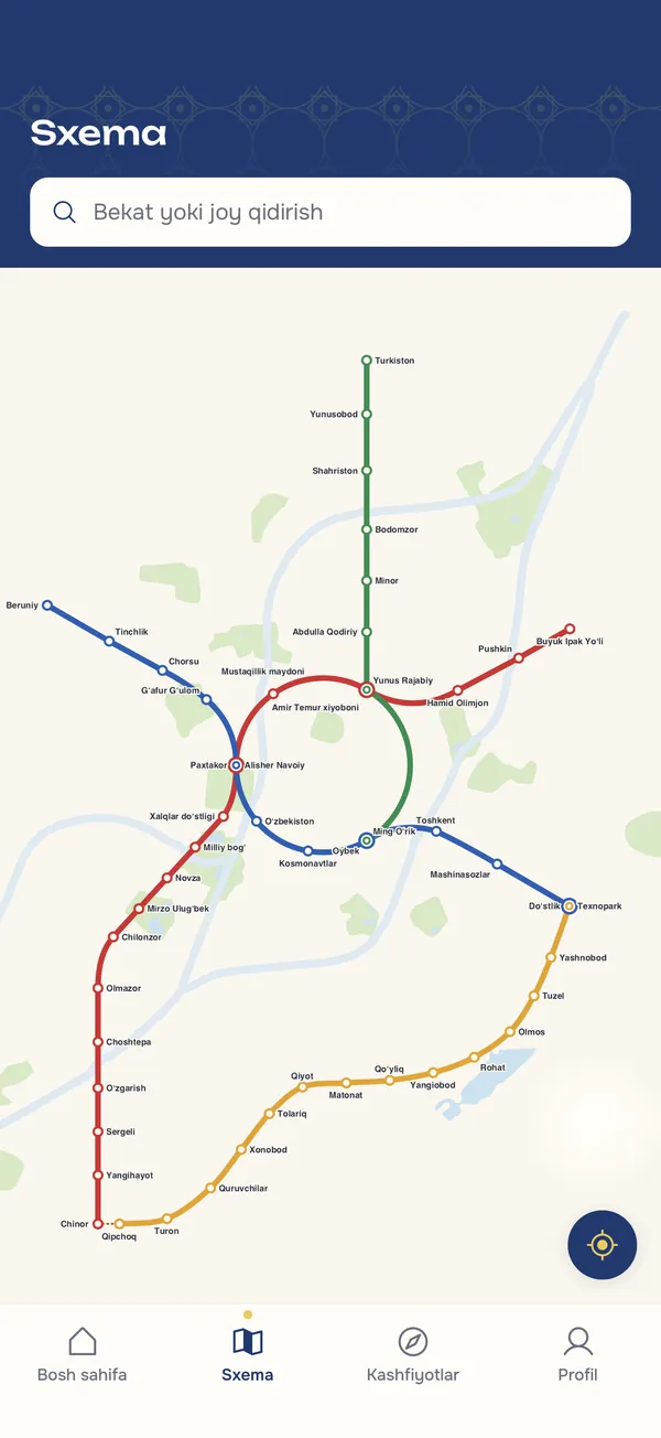 MetroGo ilovasida Toshkent metrosi sxemasi